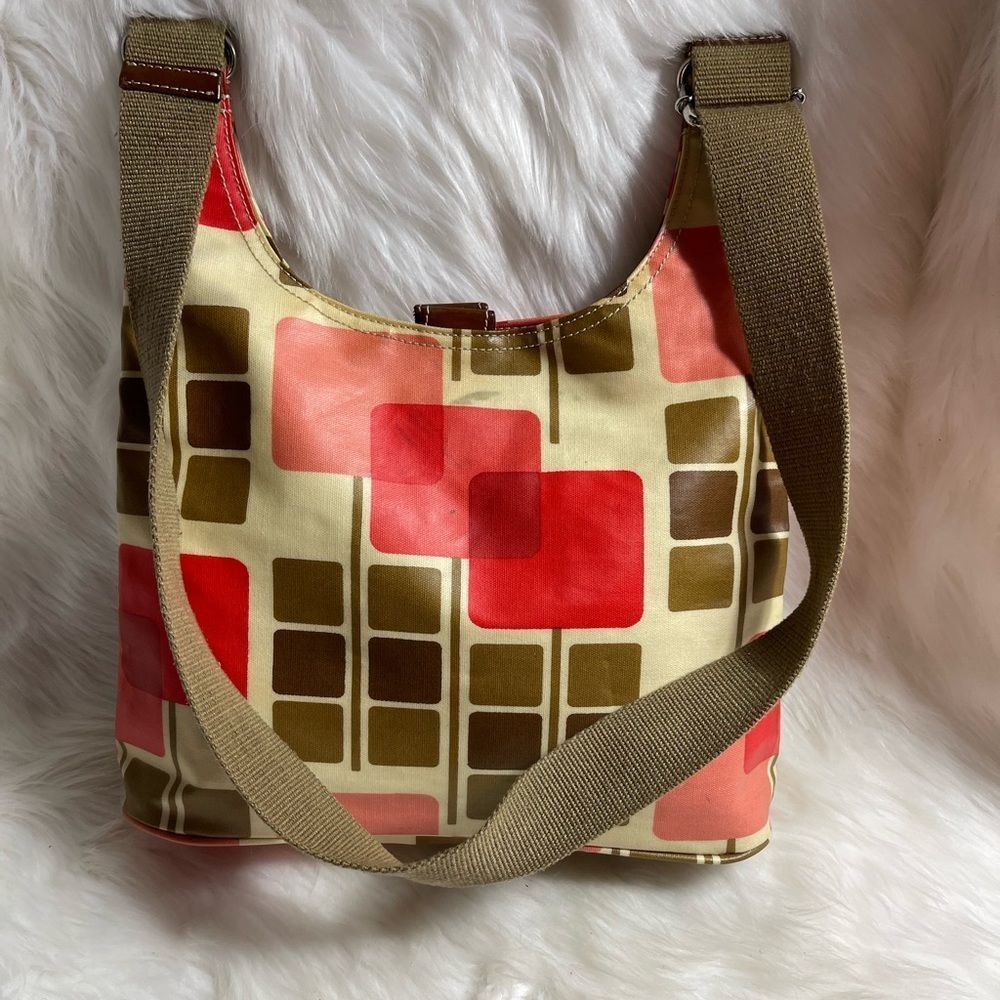 Orla Kiely oil cloth beige square shapes orange,pink &olive green shoulder bag